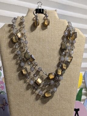 Premier Designs Smoky Gray & Amber Topaz Tone 3-Strand Beaded Necklace Set